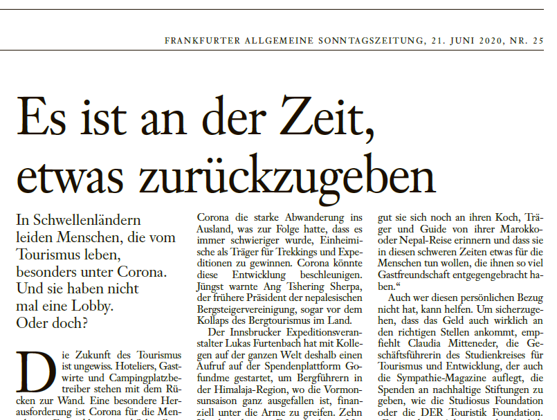 Faz Sonntagszeitung Es Ist An Der Zeit Etwas Zuruckzugeben Weltweitwandern