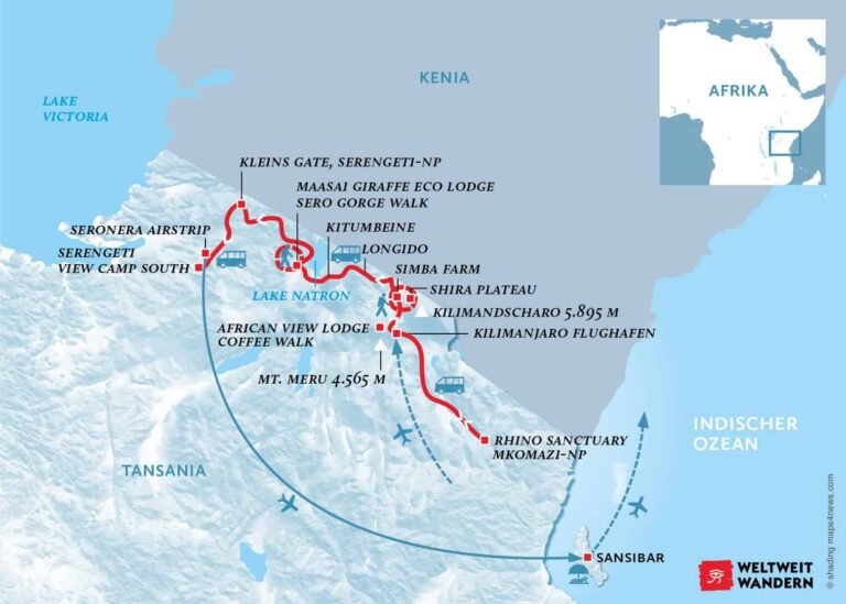 Wanderkarte Tansania hautnah: Kilimanjaro, Big Five und Sansibar