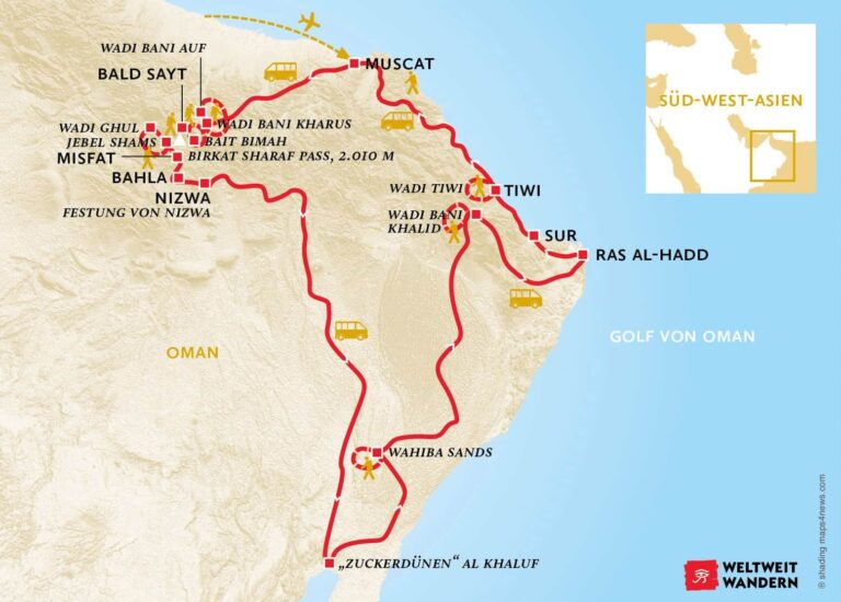 Wanderkarte Wüste und Meer im Oman - Wüste, Wadis und Meer